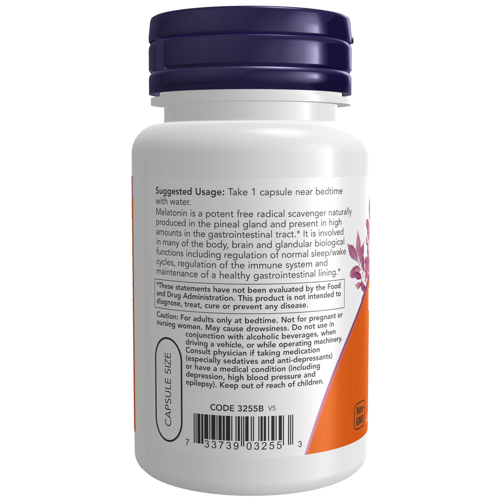 NOW Foods Supplements, Melatonin 3 mg, Free Radical Scavenger*, Healthy Sleep Cycle*, 60 Veg Capsules