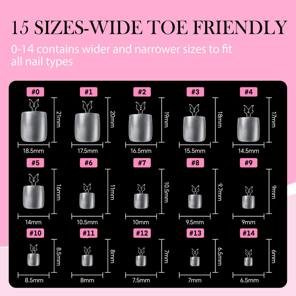 Luckyfairy Square Toe Nail Tips, 504Pcs 15 Sizes Full Cover Press On Toenails for Women, Long Wider Pre-etched Double Matte Fake Toenails for Big Toe Nail Extensions Home DIY Salon Soak Off