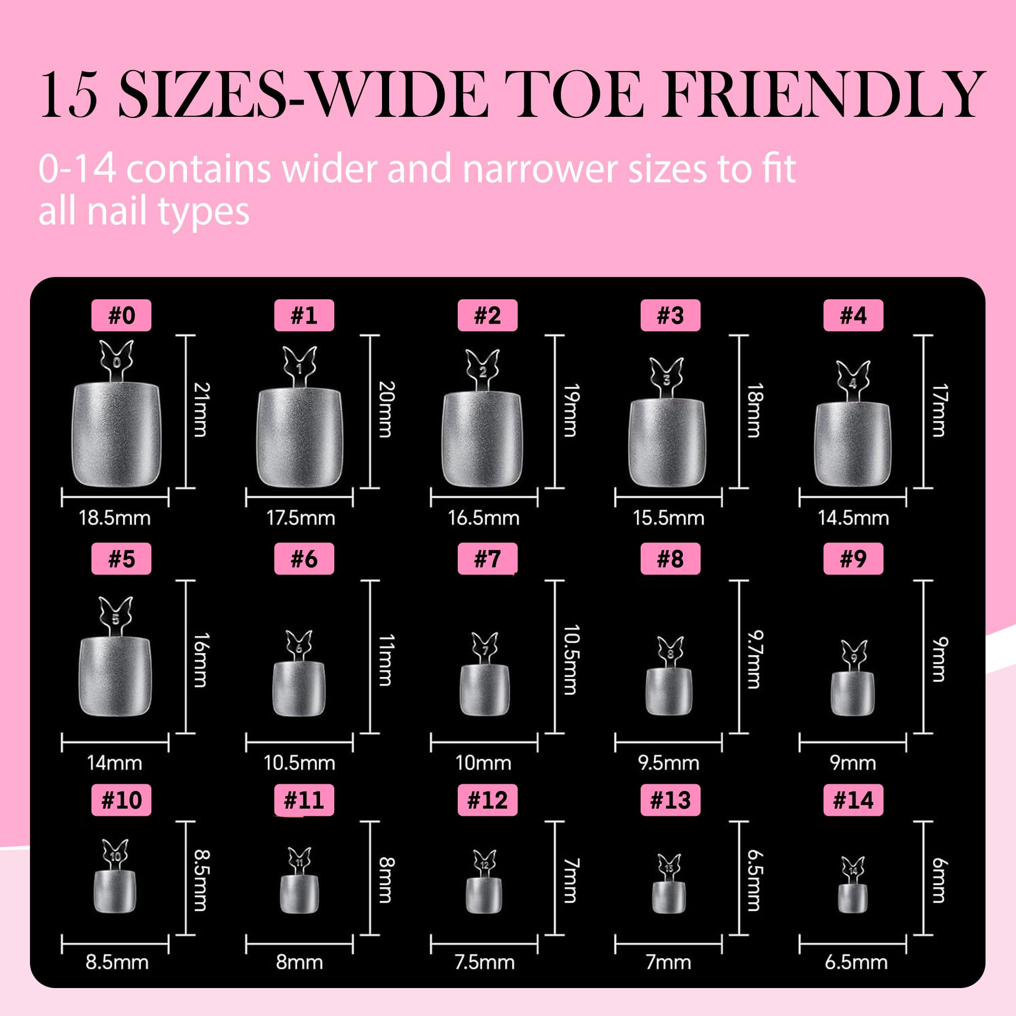 Luckyfairy Square Toe Nail Tips, 504Pcs 15 Sizes Full Cover Press On Toenails for Women, Long Wider Pre-etched Double Matte Fake Toenails for Big Toe Nail Extensions Home DIY Salon Soak Off