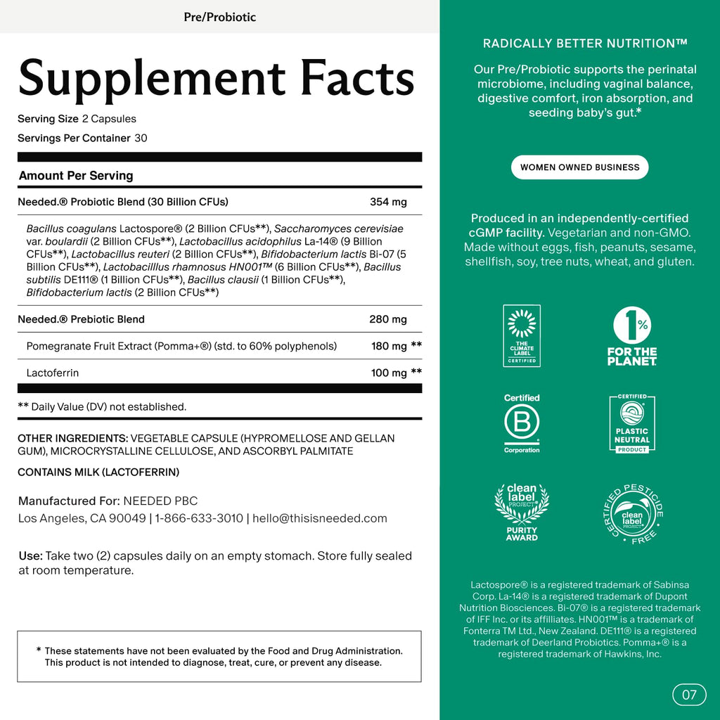 Needed. Prenatal Prebiotic & Probiotic, Expertly-Formulated, 60 Capsules