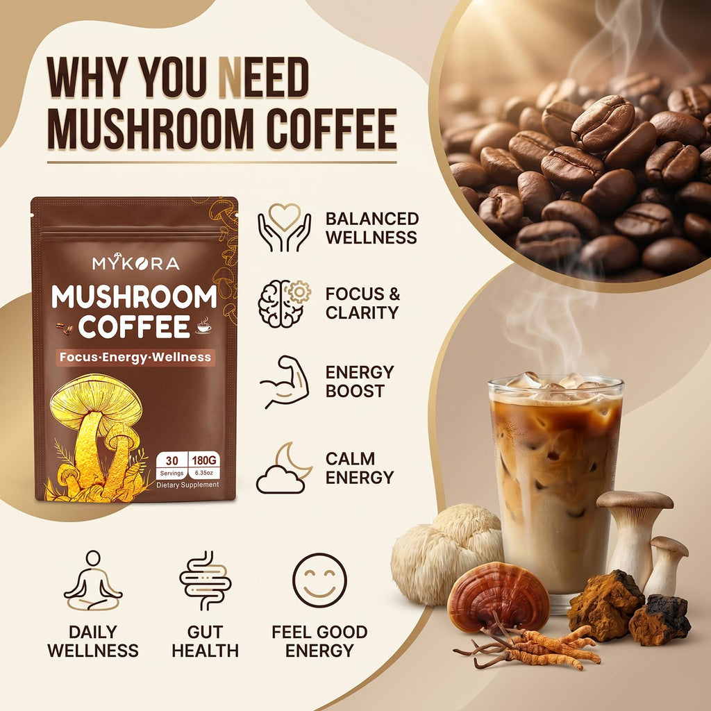 Mushroom Coffee, 2000mg Organic Instant Coffee with 6 Adaptogenic Mushrooms (Lion’s Mane & Turkey Tail), with MCT Oil & Coconut, for Focus, Energy, Digestion & Immune Support, 30 Servings