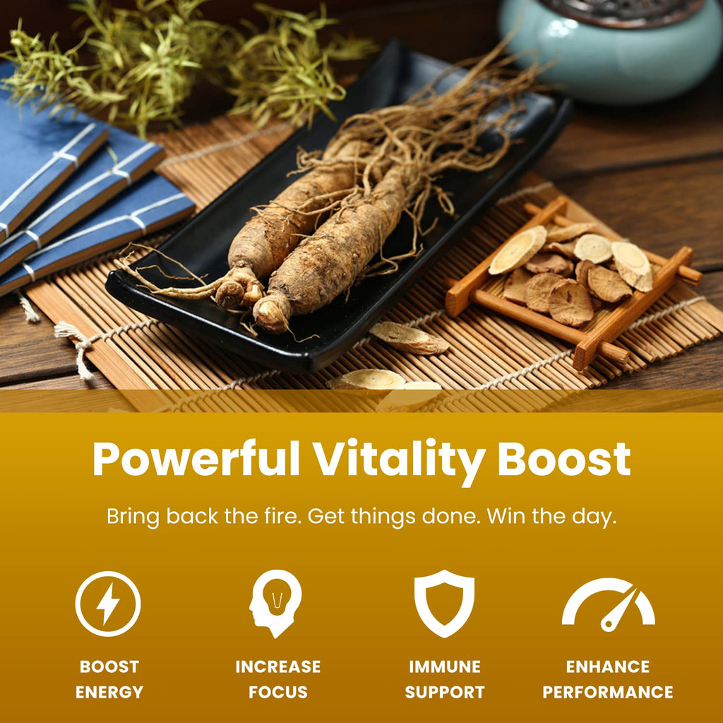 NutraChamps Korean Red Panax Ginseng Capsules with Ginkgo Biloba Extra Strength 20% Ginsenosides for Energy, Focus, Vitality & Immune Support Ginseng Root Extract Supplement for Men (90, Premium Gold)