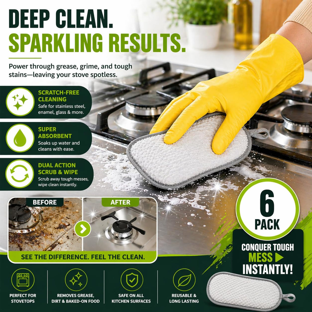 R&C Scrub Max Sponges Kitchen Dish Dual-Sided Sponge for Washing Dishes Cleaning Kitchen, All-Purpose (6 Pack,Large) Non Scratch, Rough Scrubbers Side for Non-Stick Cookware, Soft Microfiber Scrub