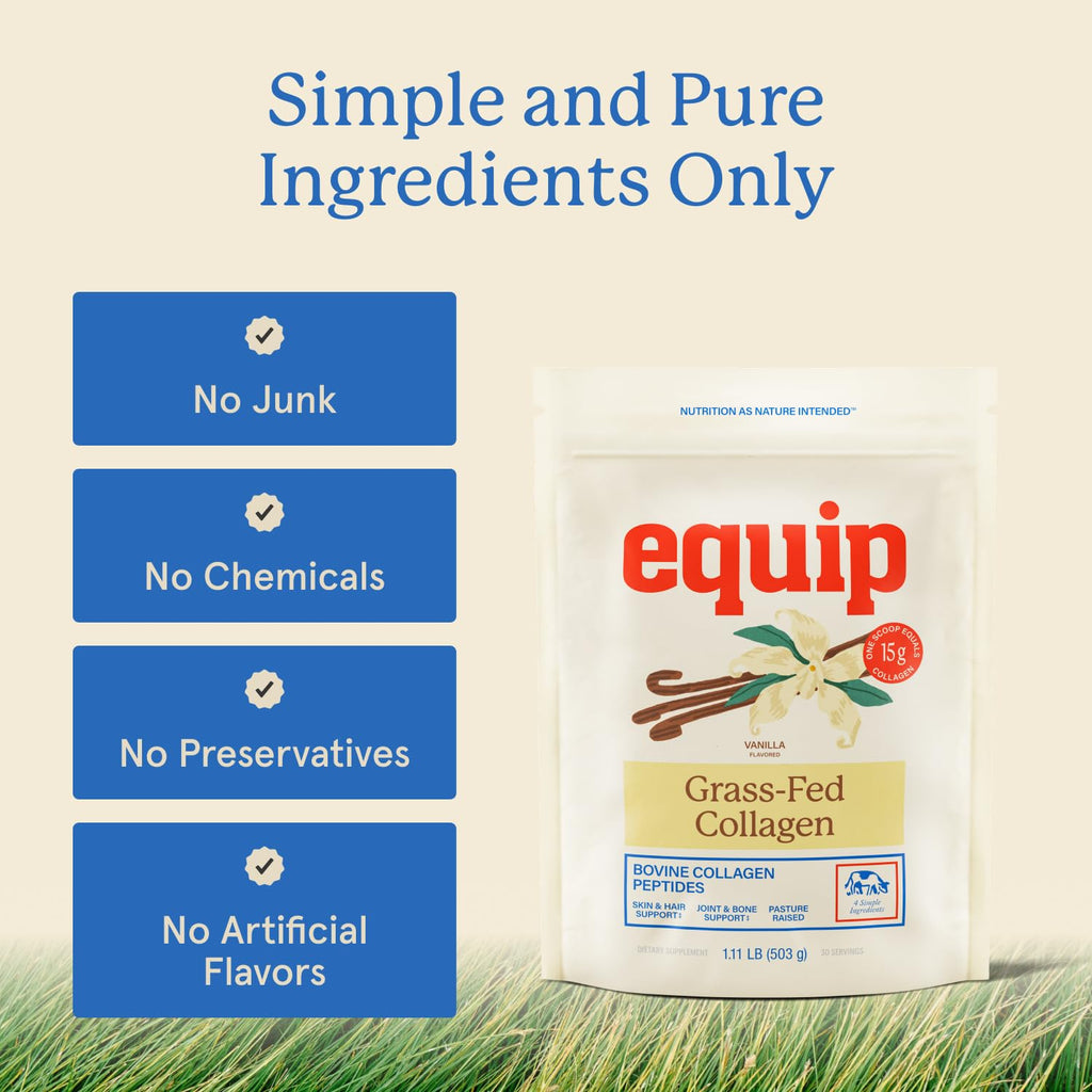 Equip Grass-Fed Hydrolyzed Collagen Powder - Pasture-Raised Bovine Collagen Peptides Powder - 14g Per Scoop - Clean, Daily Supplement for Joints, Gut, Skin, Hair & Nails - Vanilla (30 Scoops)