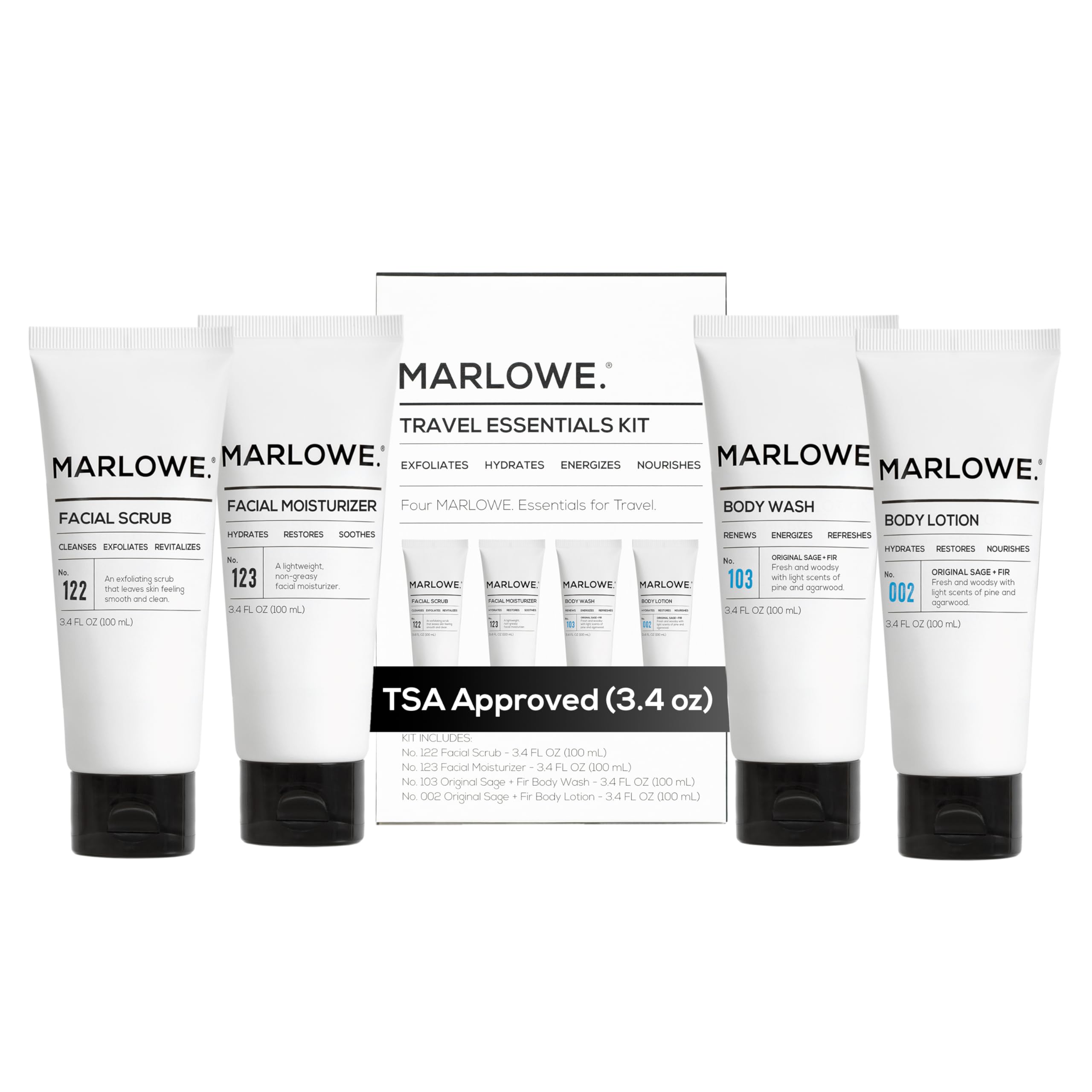 MARLOWE.Men's Travel Kit, Face + Body Essentials, TSA Friendly 3.4 oz Each | Travel Essentials, TSA Friendly Body Wash, Body Lotion, Facial Scrub & Facial Moisturizer
