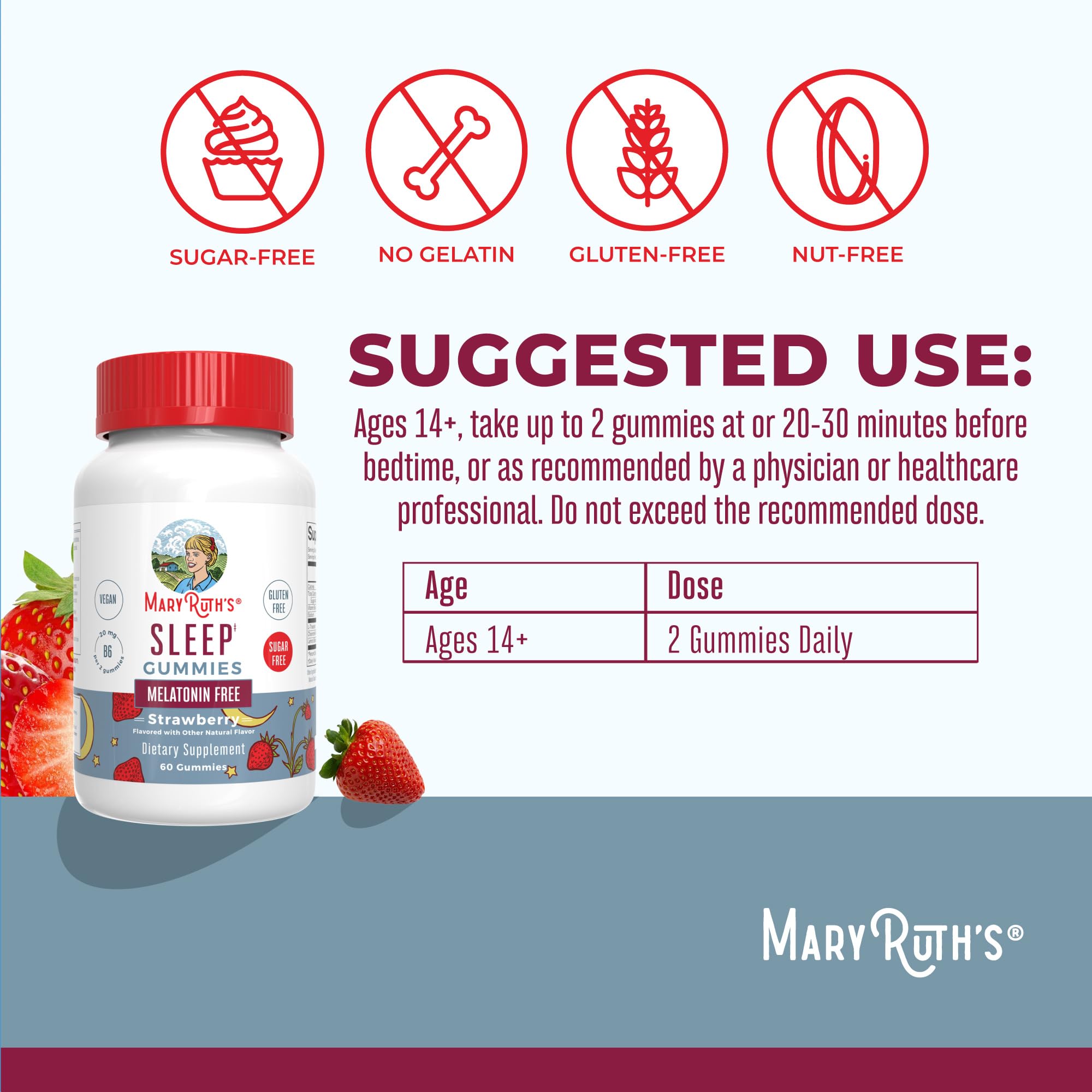 MARYRUTH'S Melatonin Free Sleep Gummies, L Theanine, Sugar Free, 60 Count | L Theanine, Lemon Balm Leaf, Chamomile, Vitamin B6, 60 Count