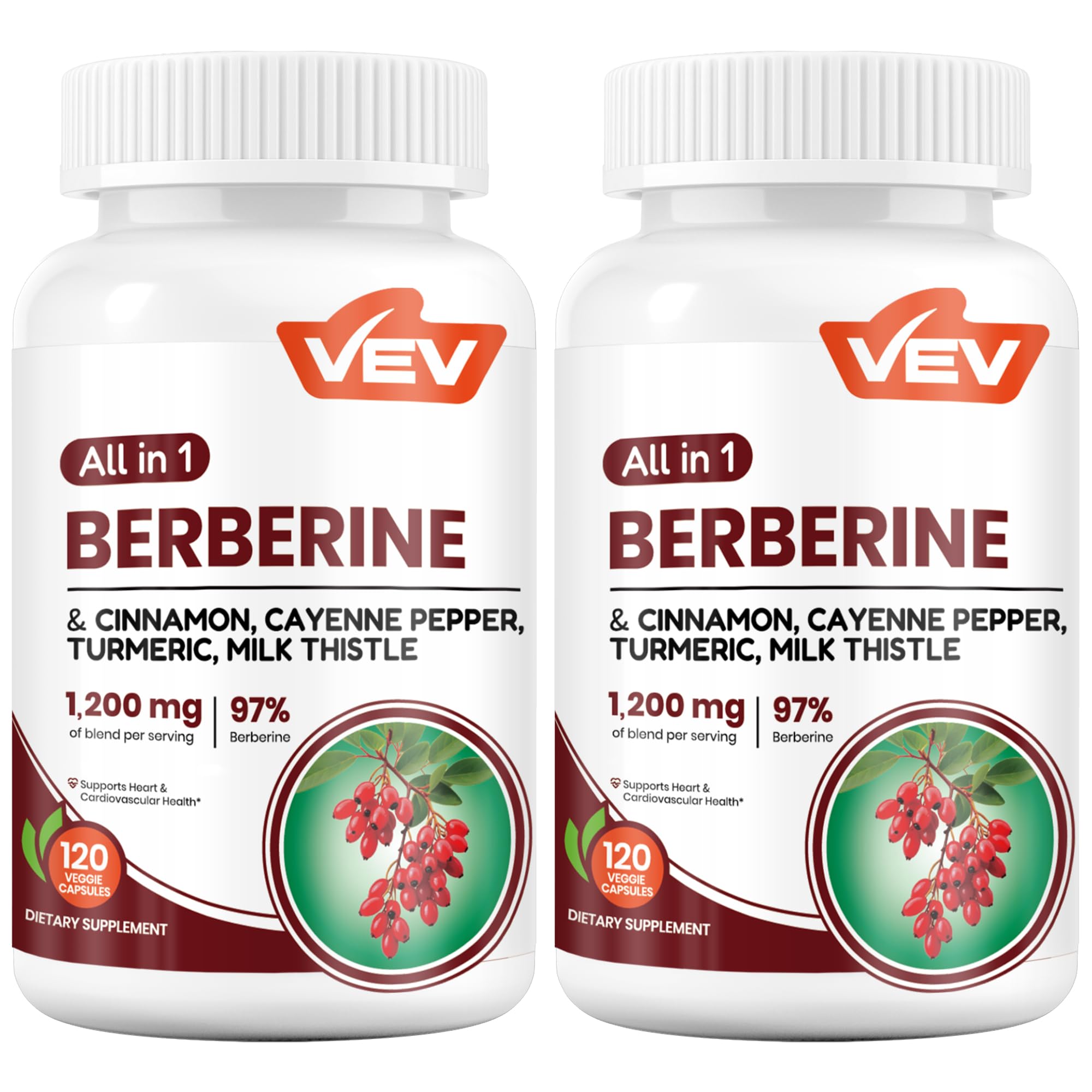 VEV Berberine Supplement with Ceylon Cinnamon, Cayenne Pepper, Turmeric, Milk Thistle – 120 Capsules