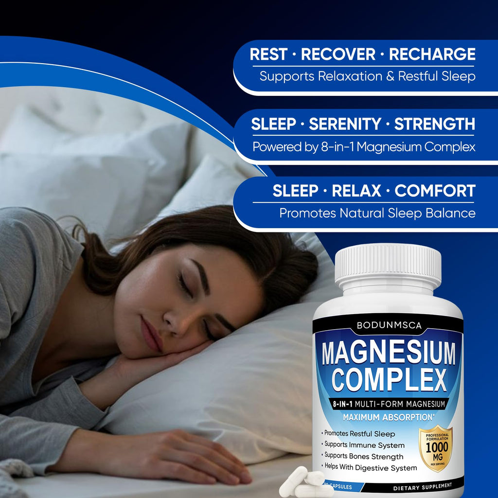 Magnesium Complex 1000mg, 8-in-1 Magnesium Supplement Capsules with Glycinate, Citrate, Malate & Taurate, Supports Muscle, Bone, Energy & Daily Wellness, for Women & Men, 180 Capsules
