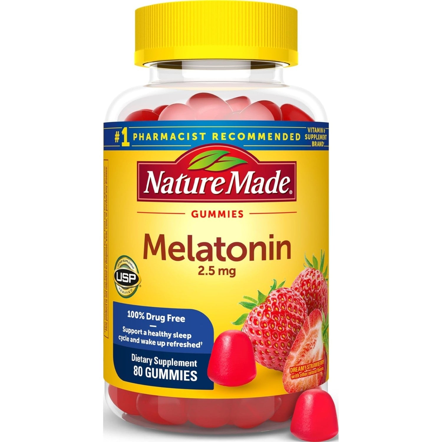 Nature Made Melatonin Gummies 2.5 mg, 100% Drug Free Sleep Aid, 80 Count | Lower Dose Melatonin Supplement for Men and Women, Sleep Aid for Adults, Strawberry Flavor, 80 Day Supply