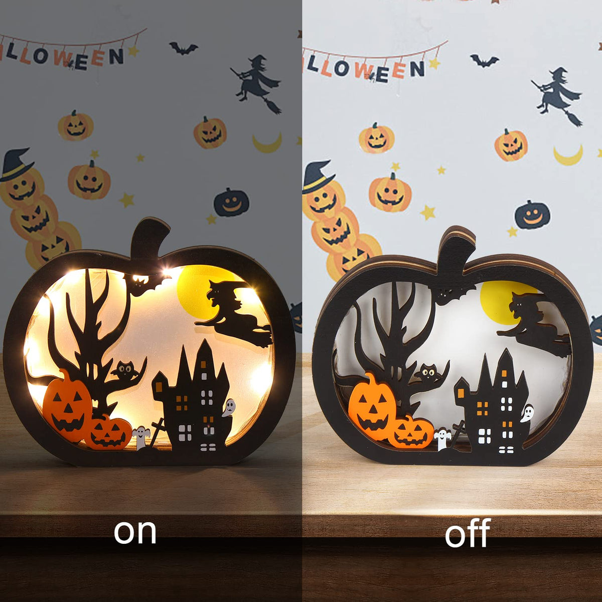 SULOLI Halloween Wooden Lighted Pumpkin for Tabletop, 2pcs Light Up Pumpkin Ghost Lamp Lantern Shadow Box Halloween Table Decorations Ornament