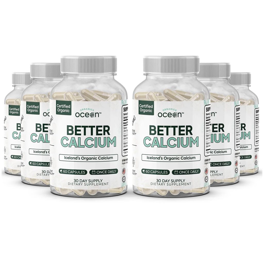 Organics Ocean Better Calcium - Organic Red Algae Calcium with Vitamin D3 and K2 Supplements - Supports Bone Structure, Joint Comfort & Encourages Healthy Aging - Plant-Based, Non-GMO - 6 Pack