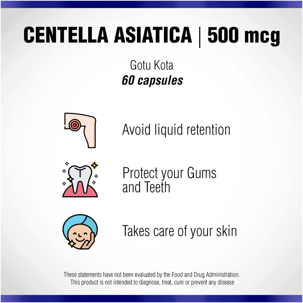 Centella Asiatica 500 mg 60 Capsules by Natural Systems - Gotu Kola Herb Moisturizer for Your Skin - Extract Also Beneficial for Calming Mind Tiredness