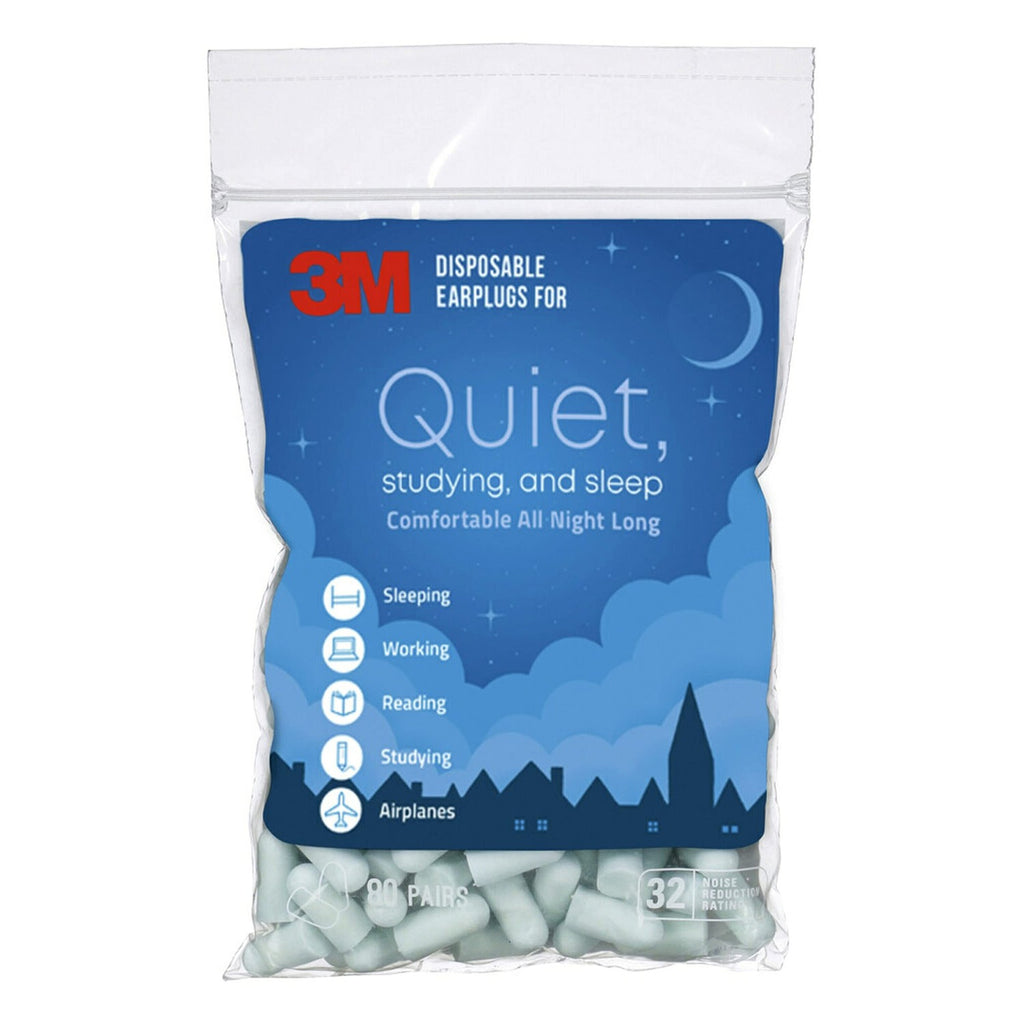 3M Disposable Earplugs For Quiet, Studying & Sleep, 80 Pairs (160 Plugs), Noise Reduction Rating (NRR) 32 dB, Comfortable All Night Long, Light Blue Ear Plugs, Come In Resealable Bag (EPQS-80B-SIOC)