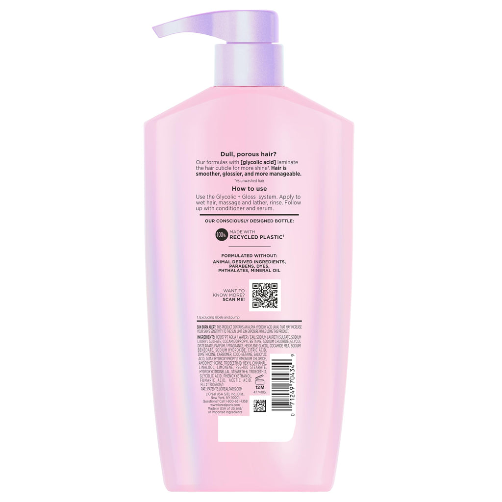 L'Oreal Paris Elvive Glycolic + Gloss Shine Boosting Shampoo, Cleanses and Smooths Dull, Porous Hair Into High-Shine, Glossy Hair, 28 Fl Oz