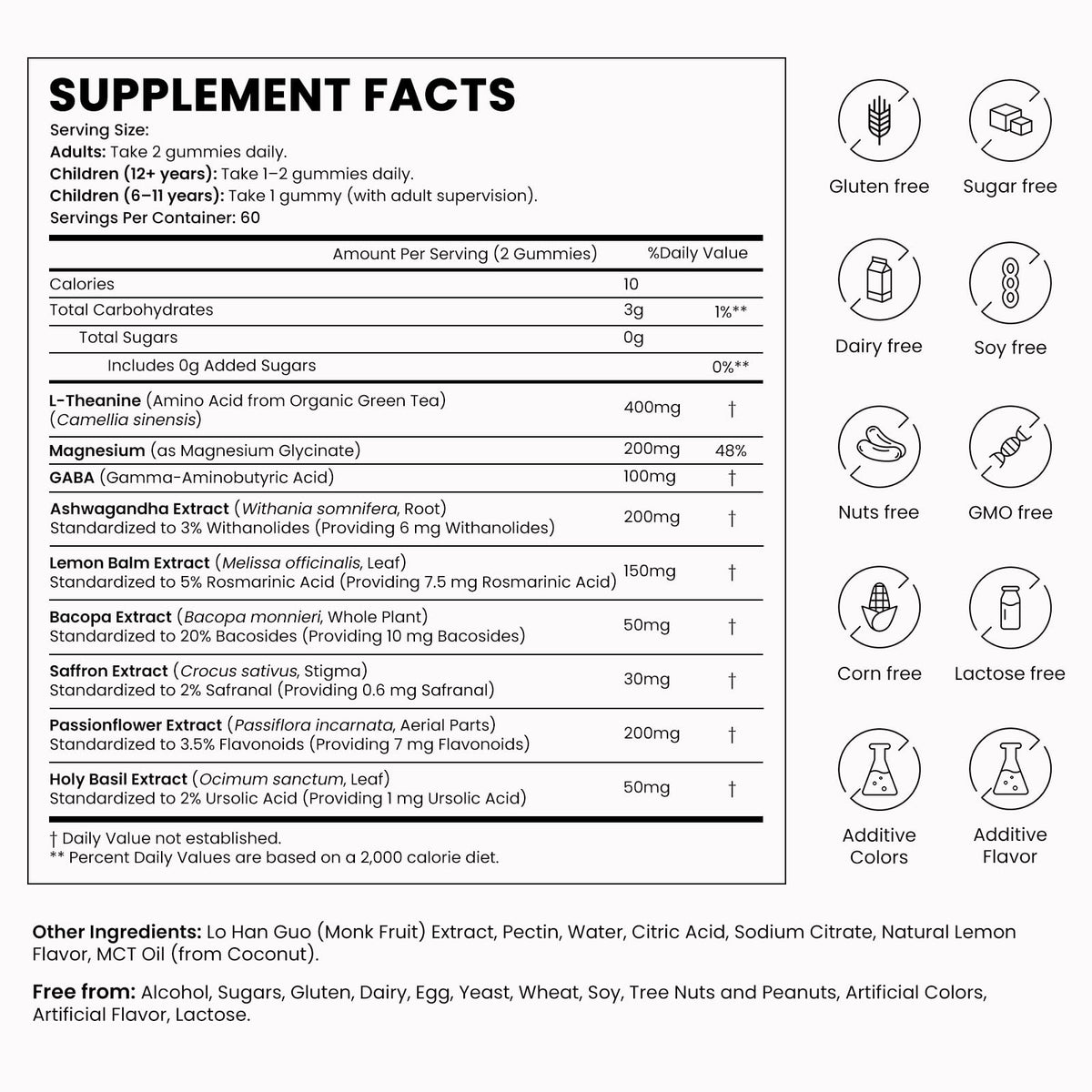 L-Theanine 400mg Gummies, L Theanine Supplement for Kids & Adults with Magnesium Glycinate, GABA, Ashwagandha, L'theanine Chewable for Restful Sleep, Stress Support, Relaxation, Calm, 60 Day Supply