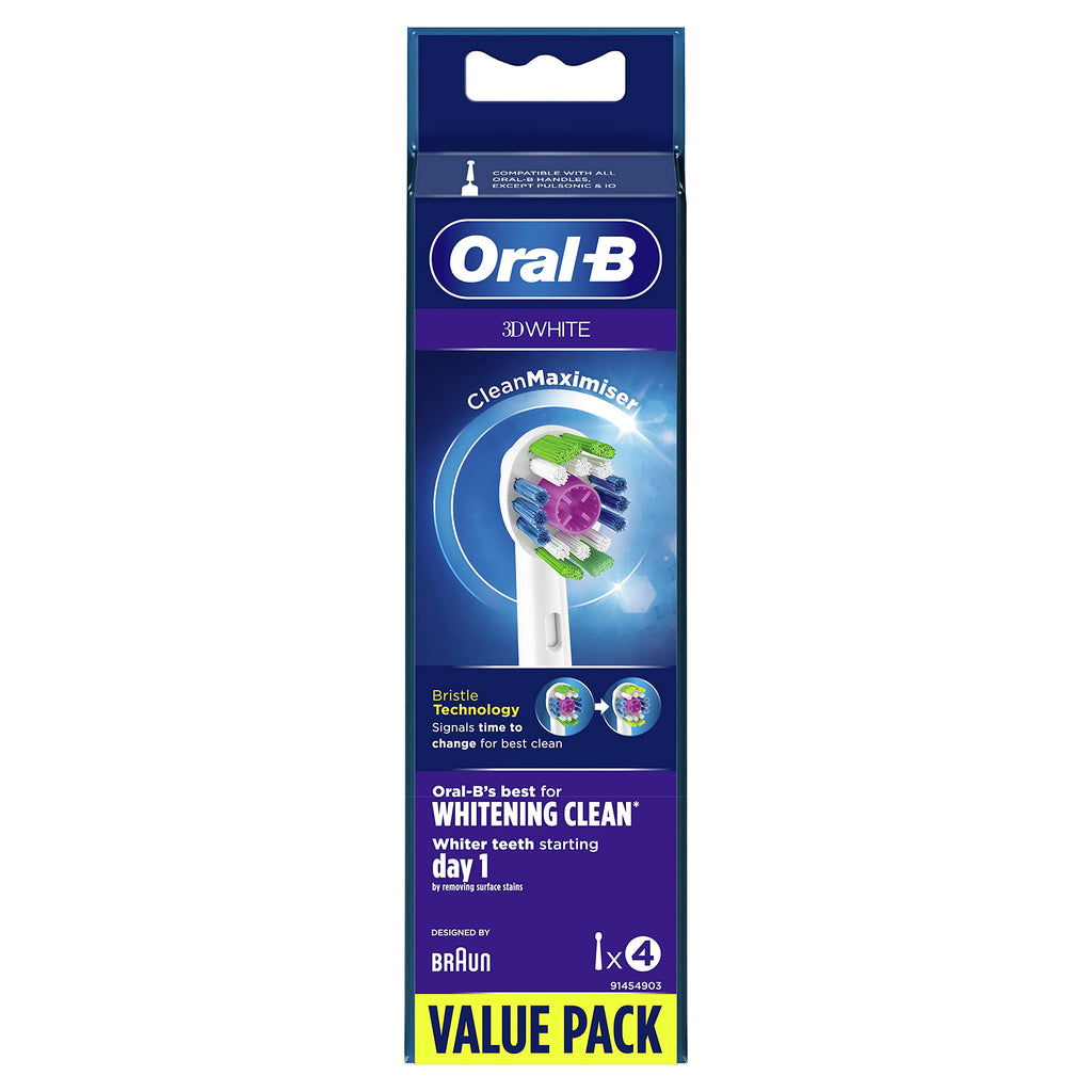 Buy now Oral-B 3D White Electric Toothbrush Head with CleanMaximiser Technology, Angled Bristles for Deeper Plaque Removal, Pack of 4, White at indiglob india