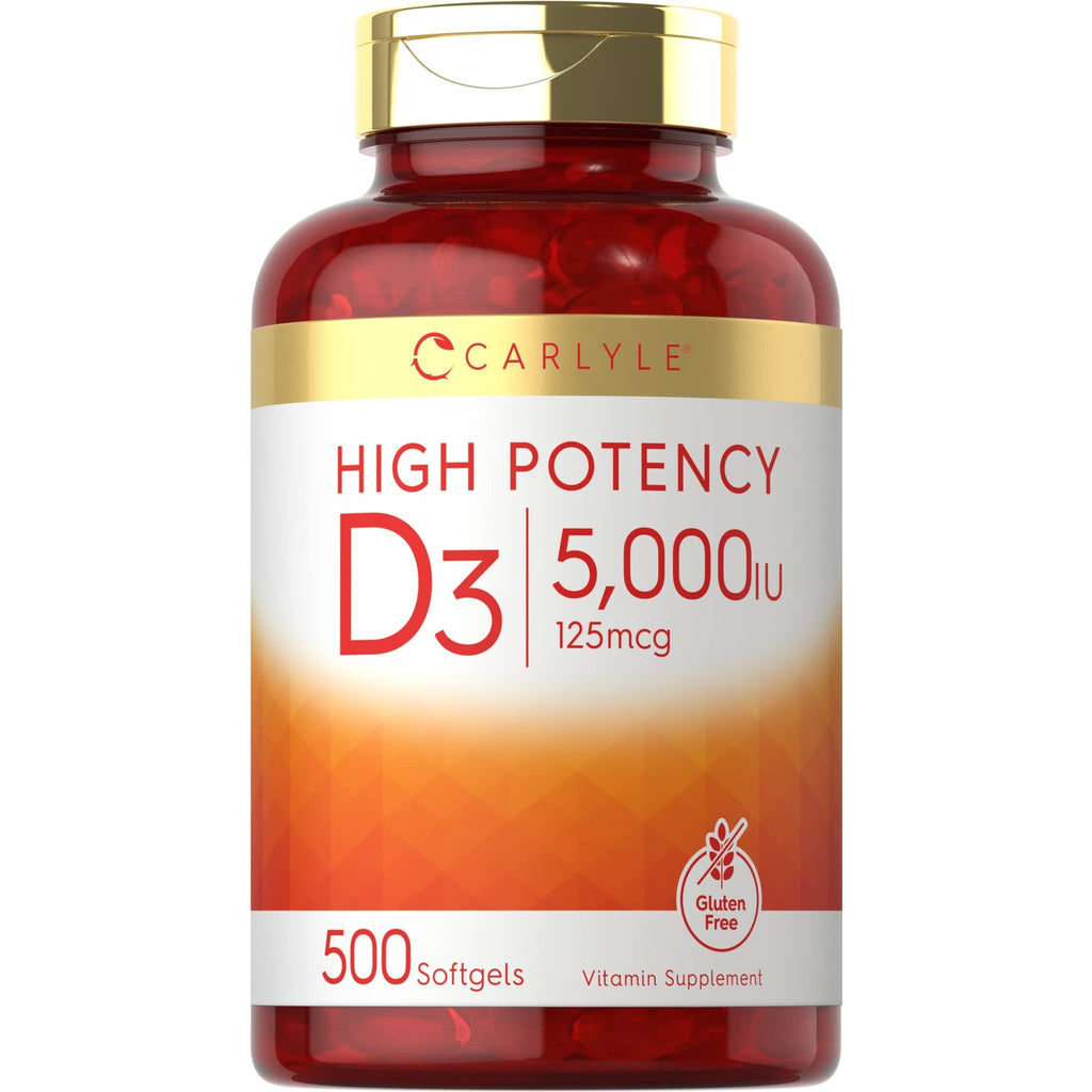 Carlyle Vitamin D3 5000 IU Softgels | 500 Count | Value Size | Non-GMO and Gluten Free Supplement | High Potency Formula | 125mcg