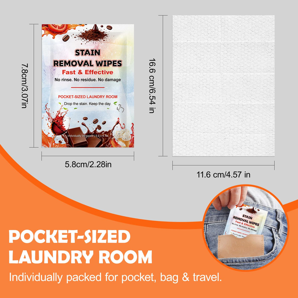 48CT Stain Remover Wipes,Portable Travel-Size Laundry Wipes for Clothes
