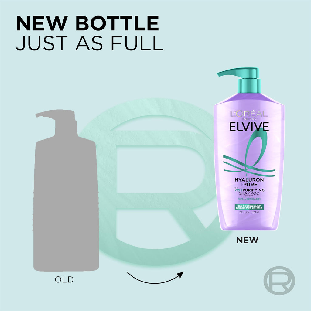 L'Oreal Paris Elvive Hyaluron + Pure 72H Purifying Shampoo for Oily Hair, Clarifying Shampoo with Salicylic Acid and Hyaluronic Acid, 28 Fl Oz