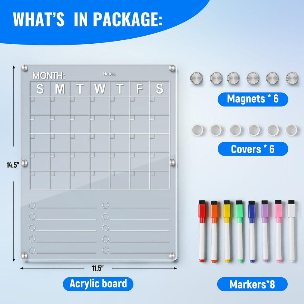 Large Acrylic Magnetic Calendar for Refrigerator, 2in1 Clear Fridge Calendar, Monthly Planning Board with to Do List, for Businees Meetings/Grocery List, 8 Color Markers -14.5''*11.5''