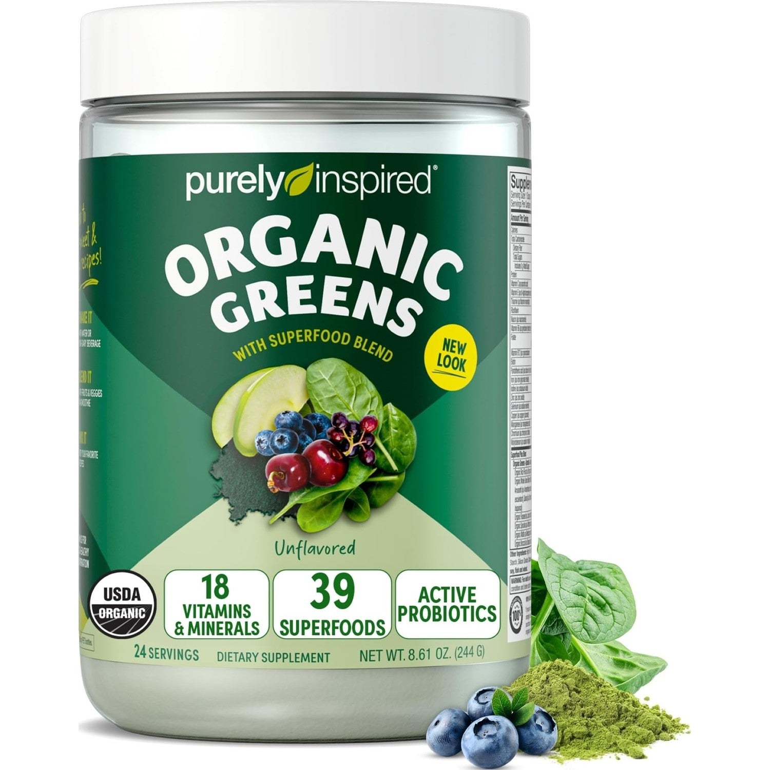 Purely Inspired Organic Green Powder Smoothie Mix, Unflavored (24 Servings) - Probiotics for Digestive Health with Spirulina & Chlorella for Gut Health - Vegan