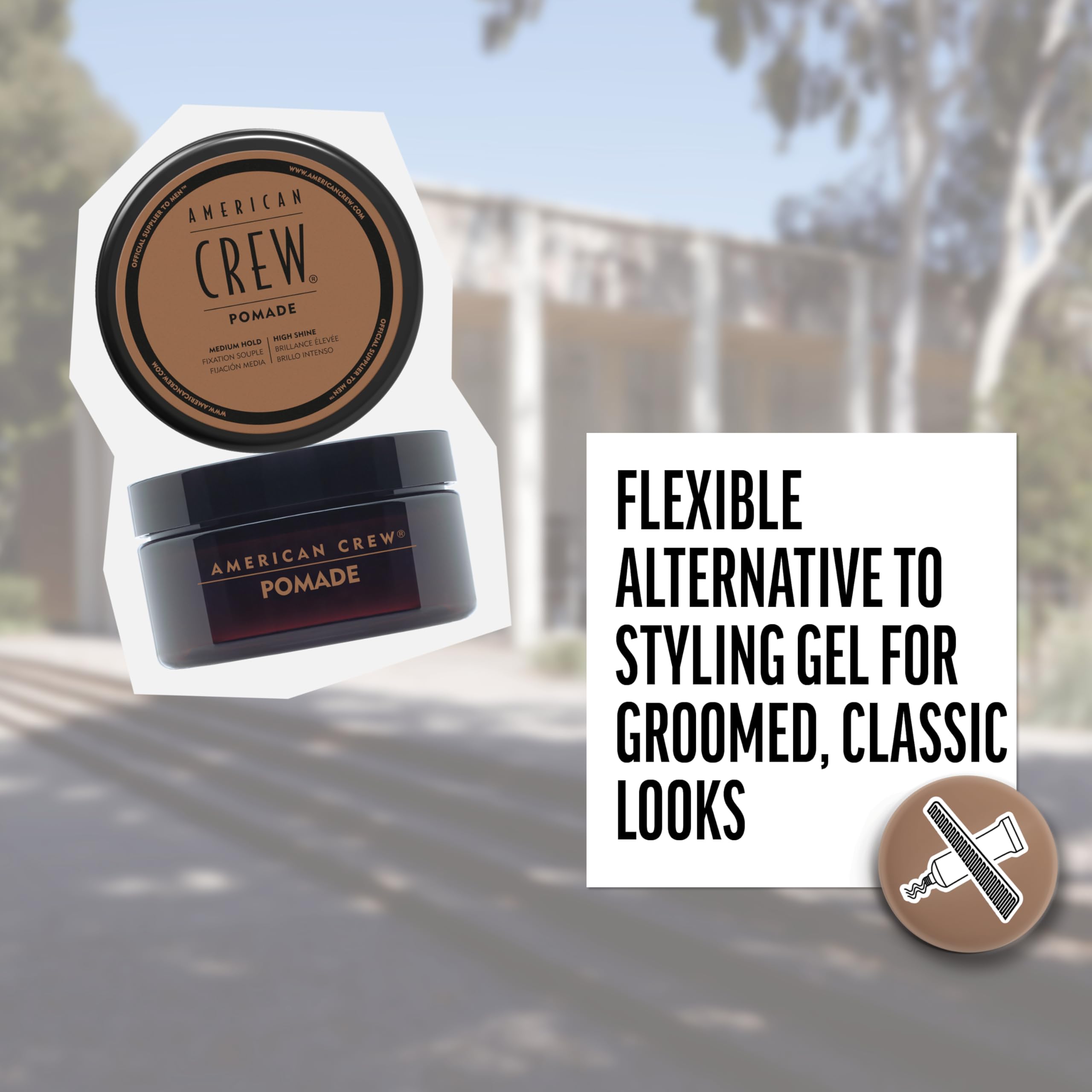 American Crew POMADE FOR HOLD AND SHINE 3 OZ for Men | Water-based pomade for sleek, slicked-back looks. Flexible alternative to styling gel. Medium hold, high shine.