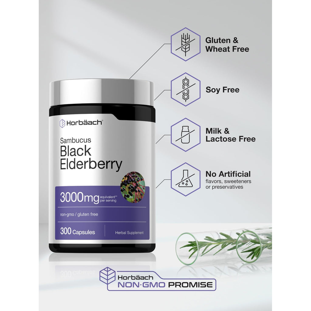 Horbäach Black Elderberry | 300 Capsules | Sambucus Supplement | Non-GMO & Gluten Free