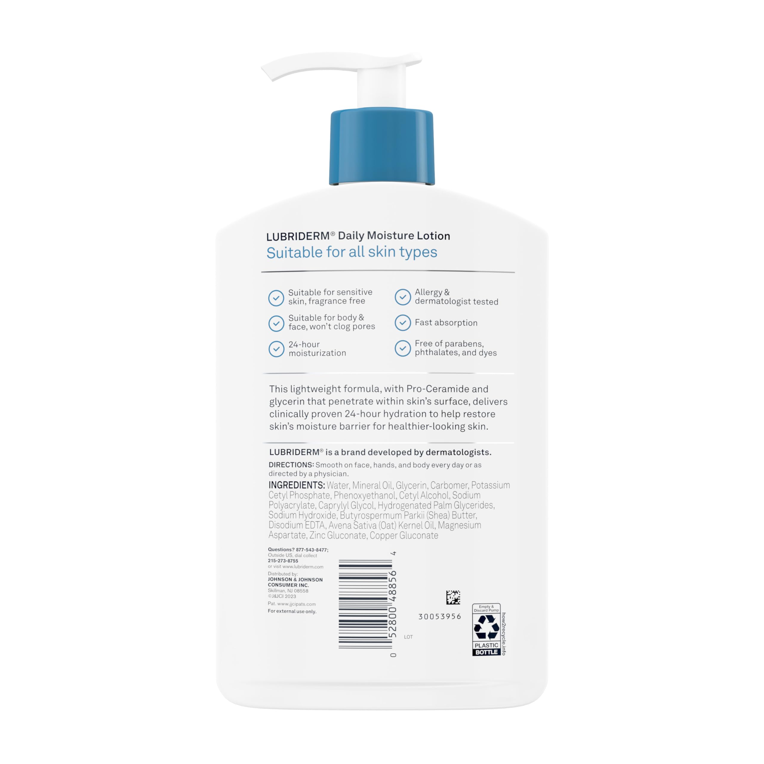 Lubriderm Fragrance Free Daily Moisture Lotion + Pro-Ceramide, Shea Butter & Glycerin, Face, Hand & Body Lotion for Sensitive Skin, Hydrating for Healthier-Looking Skin, 16 fl. Oz (Pack of 3)