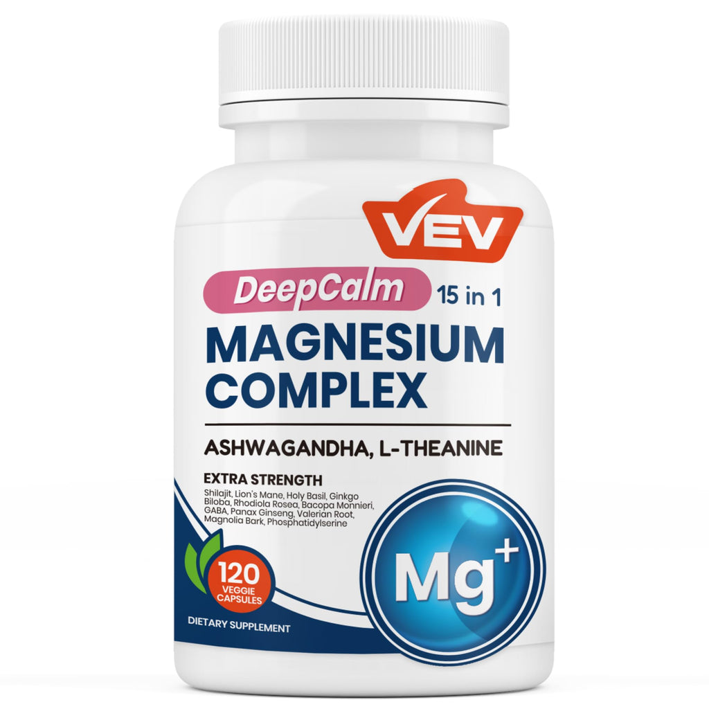 VEV DeepCalm 15-in-1 Magnesium Complex for Women & Men, 120 Caps | 15-in-1 Magnesium Supplement, Sleep, Glycinate & Citrate Vegan Capsules with Ashwagandha & L-Theanine