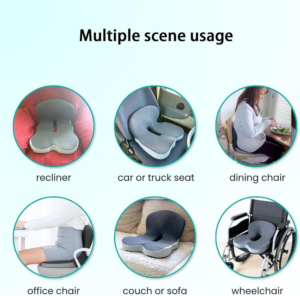 Celinva Orthopedic Cushion,Ergonomic Memory Foam L-Shaped Integrated Seat Cushions with Adjustable Strap,Ultra Breathable Non-Slip Design for Office Chair,Car,Wheelchair (Black+Gray)