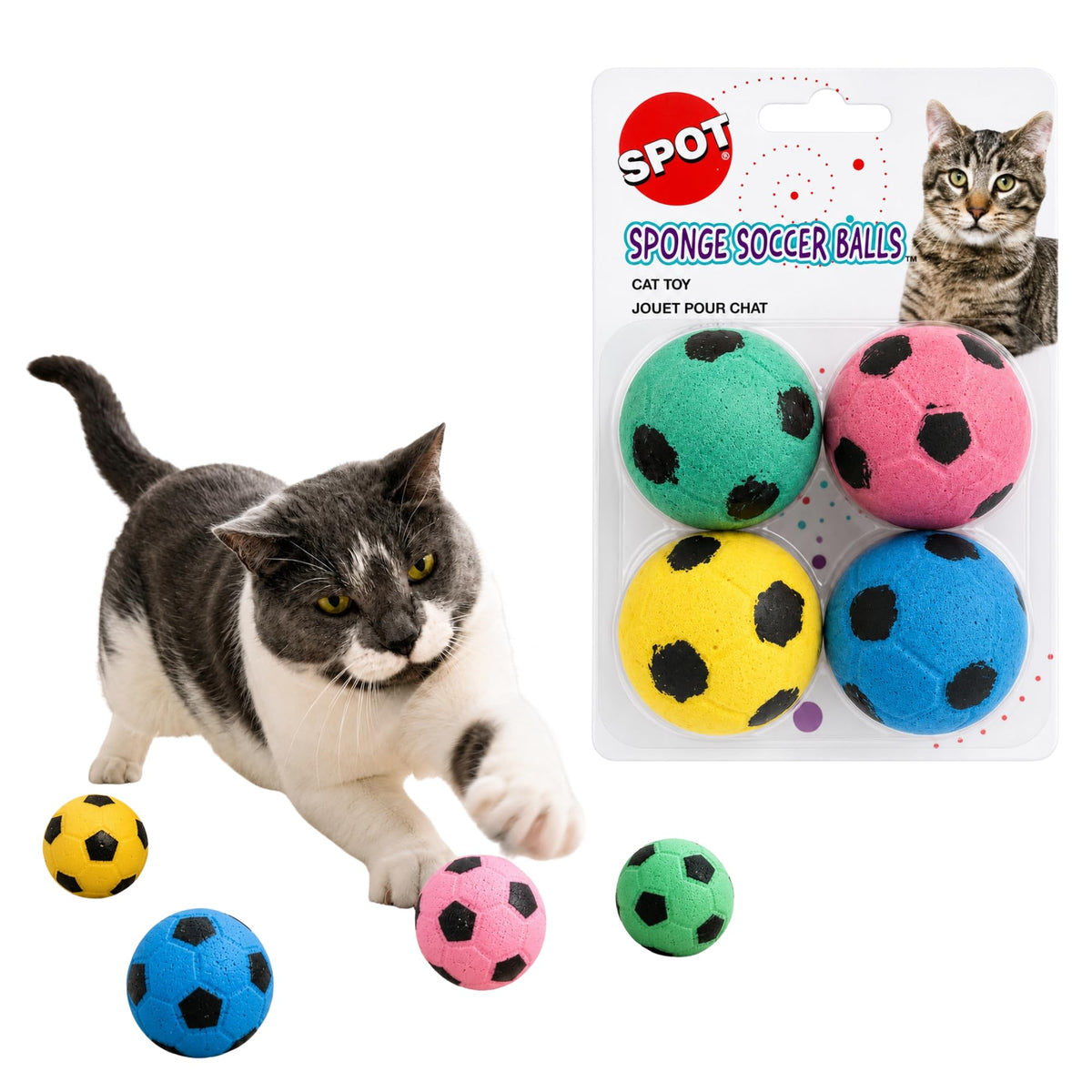 SPOT Sponge Soccer Ball Cat Toys for Cats and Kittens - Interactive and Colorful Plush Toy, Fun to Bat and Chase, Keep Cats Entertained - 1.5" Assorted 4-Pack
