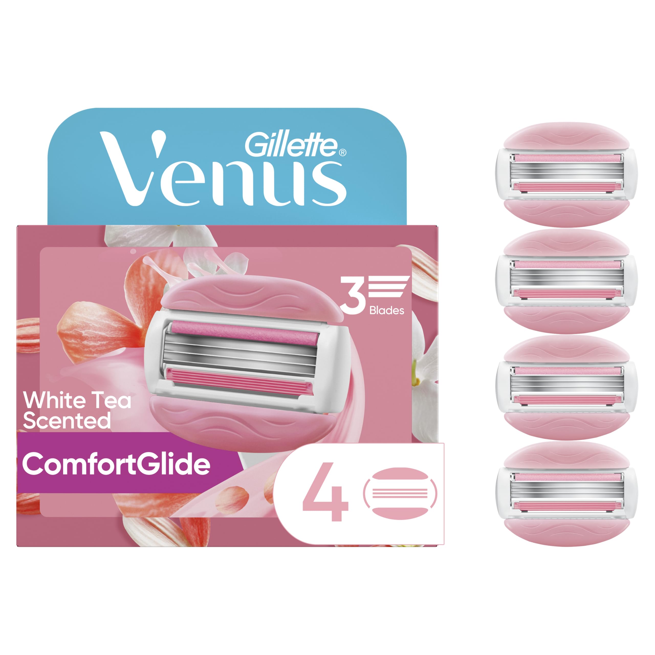 Gillette Venus ComfortGlide White Tea Women's Razor Refills, 4 Refill Cartridges, Fits Venus Reusable Razor Handles, 3-Bladed with Built-in Shave Gel Bars