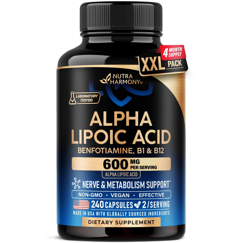 Alpha Lipoic Acid 600mg - ALA Supplement + Benfotiamine B1 & B12 - 120 Caps | Alpha Lipoic Acid - Antioxidant, Nerve, Energy & Metabolism Support for Men & Women - Lab Tested, NON-GMO, Vegan