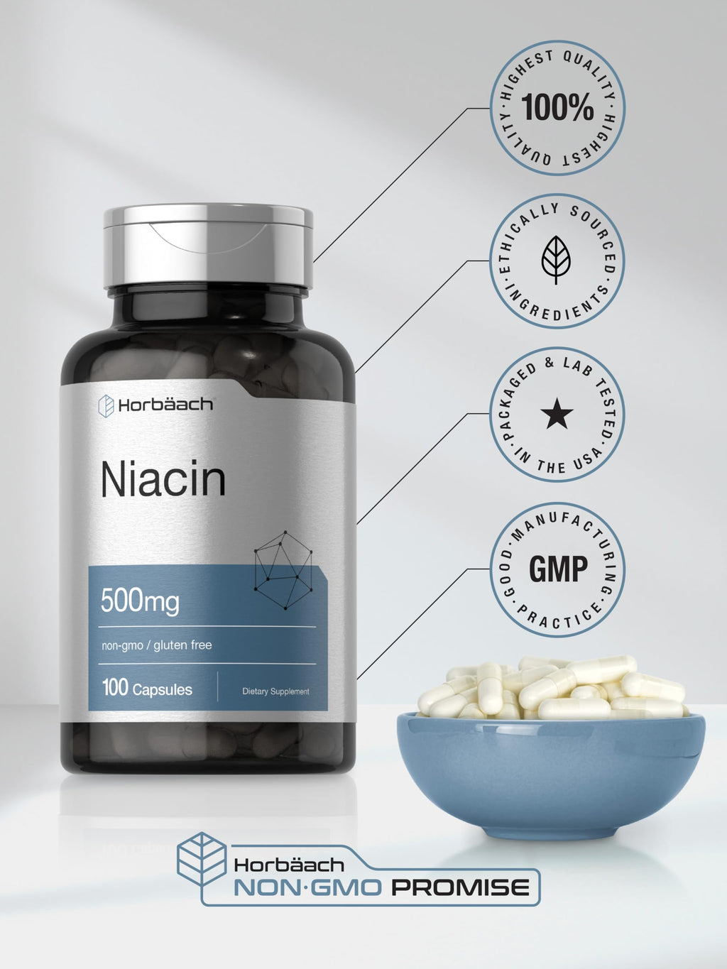 Horbäach Niacin | Vitamin B3 500mg | 100 Capsules | with Flushing