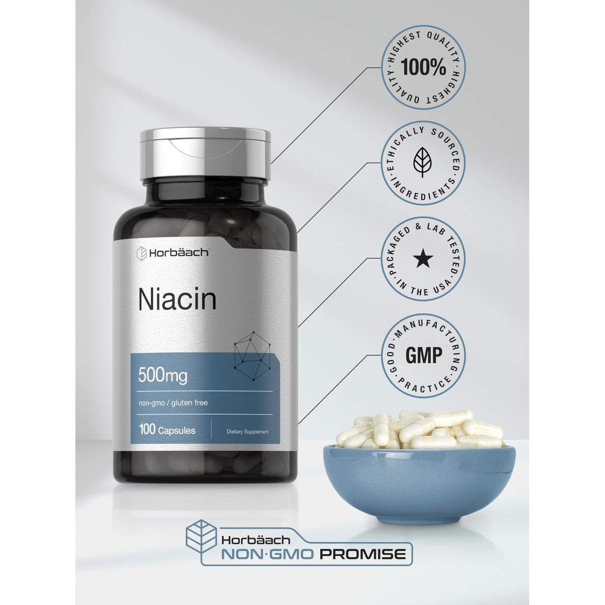 Horbäach Niacin | Vitamin B3 500mg | 100 Capsules | with Flushing