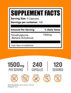 BulkSupplements.com TMG Capsules - Trimethylglycine as Betaine Anhydrous, TMG Supplement - Gluten Free, 2 Capsules per Serving (1500mg), 240 Count (Pack of 1)