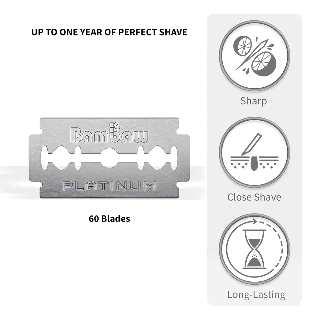 Bambaw Safety Razor Blades for Men & Women, 60 Pack, Double Edge Razor Blades Refills, Platinum Swedish Stainless Steel, Sharp & Long-Lasting Edge Retention, Up to 14 Months Supply