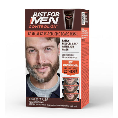 Just for Men Control GX Grey Reducing Beard Wash Shampoo with Keratin, Gradually Colors Mustache and Beard, Leaves Facial Hair Thicker Softer and Fuller, 4 Fl Oz - Pack of 1 (Packaging May Vary)