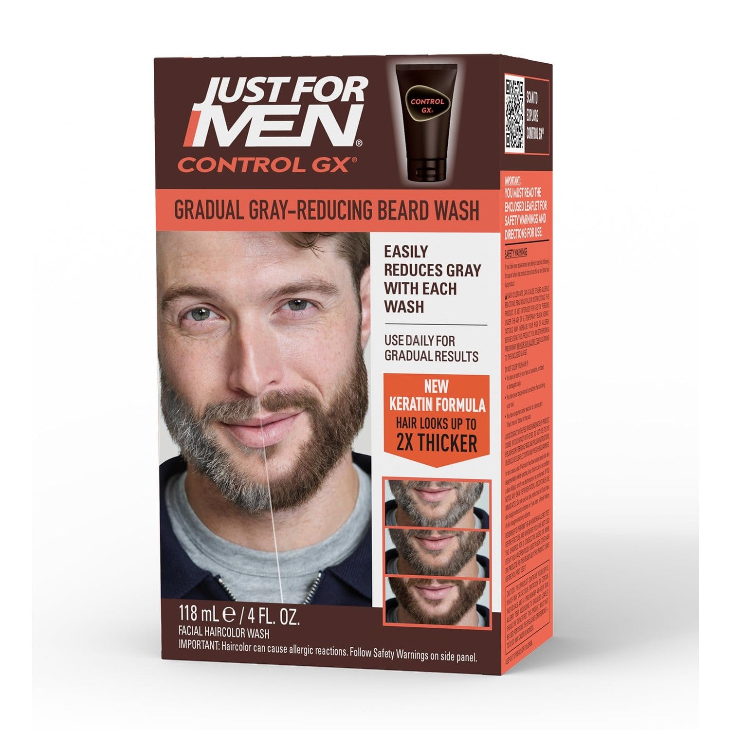 Just for Men Control GX Beard Wash, Gradually Reduces Grey, 4 Fl Oz (1 Pk) | Control GX Beard Wash gradually reduces grays in facial hair with each wash. Keratin strenthens and thickens hair.