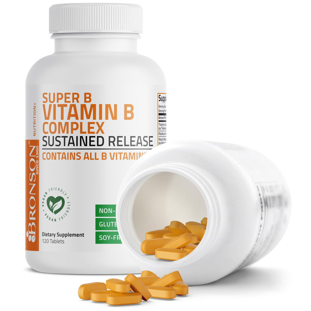 Bronson Super B Vitamin B Complex Sustained Release for Energy, 120 Tablets | B1, B2, B3, B6, Folic Acid, B12, Biotin & Pantothenic Acid, One-Tablet Formula, Non-GMO, Gluten-Free & Soy-Free