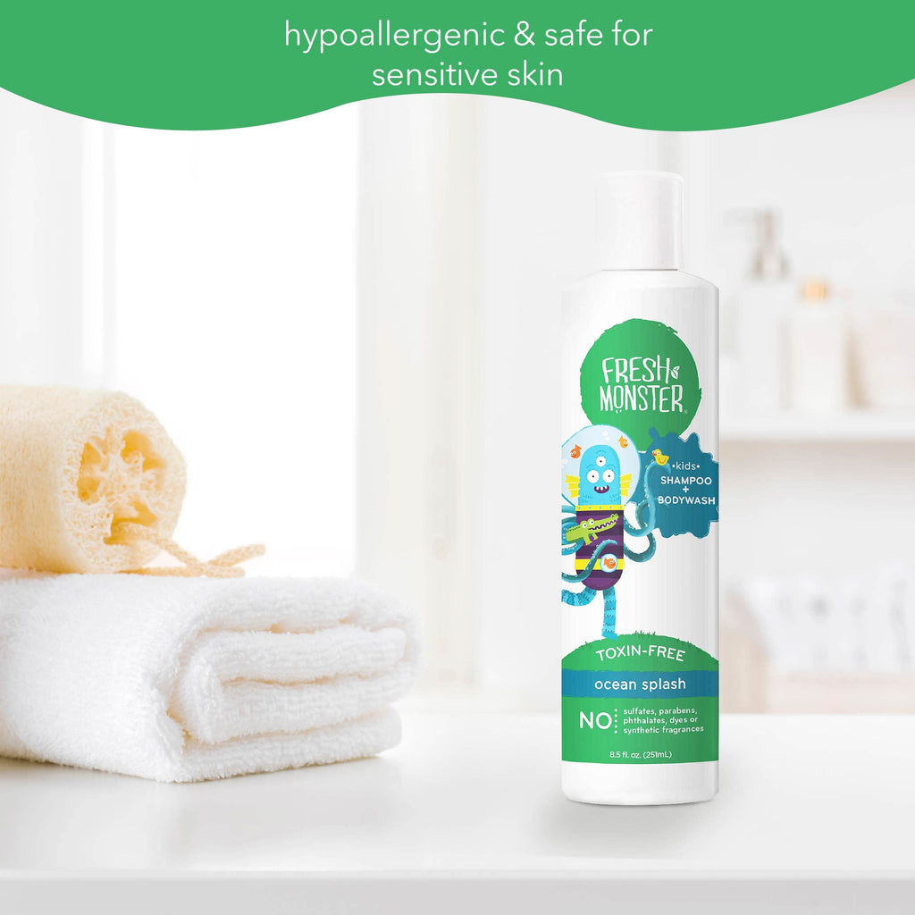 Fresh Monster 2-in-1 Kids Shampoo & Body Wash, Ocean Splash, 8.5 oz | Natural Hair Care for Kids, Toxin-Free & Plant-Based, Tear-Free, Hypoallergenic, Sulfate/Paraben Free, Made in USA