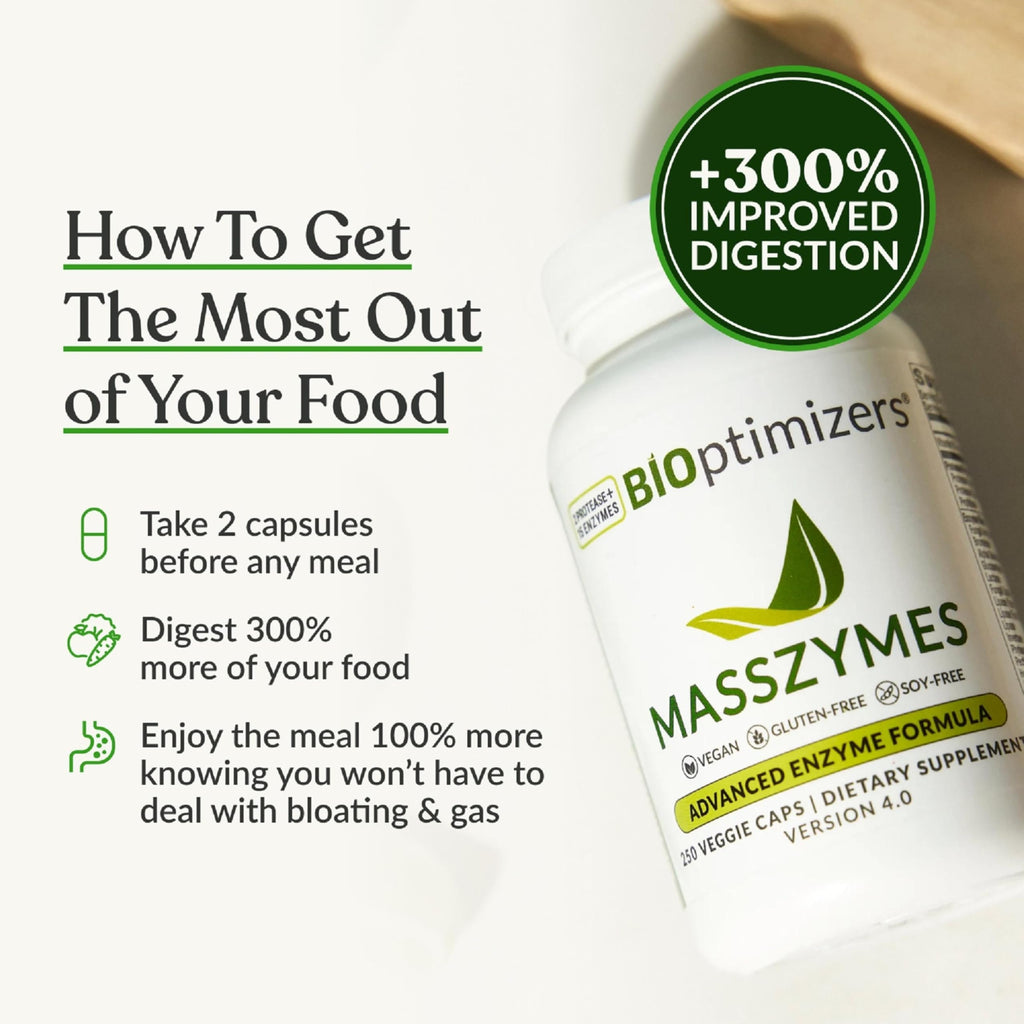 BiOptimizers MassZymes - Complete Digestive Enzymes Supplement for Gut Health - Bloating Relief for Men and Women - Lipase Amylase Bromelain Digestive Enzymes (250 Capsules)