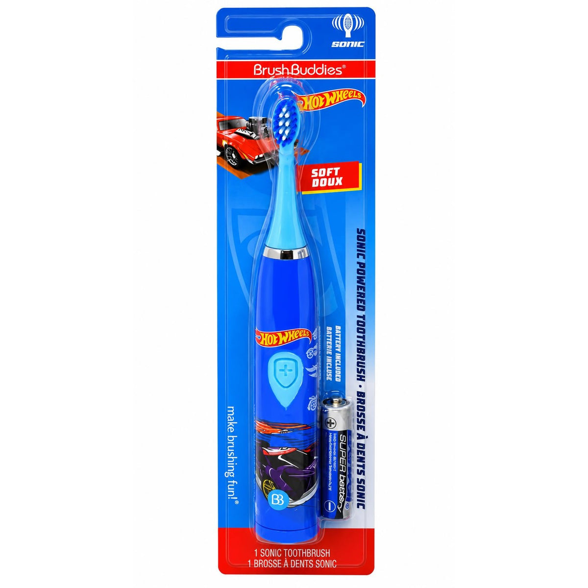 Brush Buddies Hot Wheels Battery Powered Sonic Electric Kids Toothbrush Soft Bristles Rounded Head Children Boys Girls Blue Gentle Cleaning Easy Grip Handle Plaque Removal Oral Care