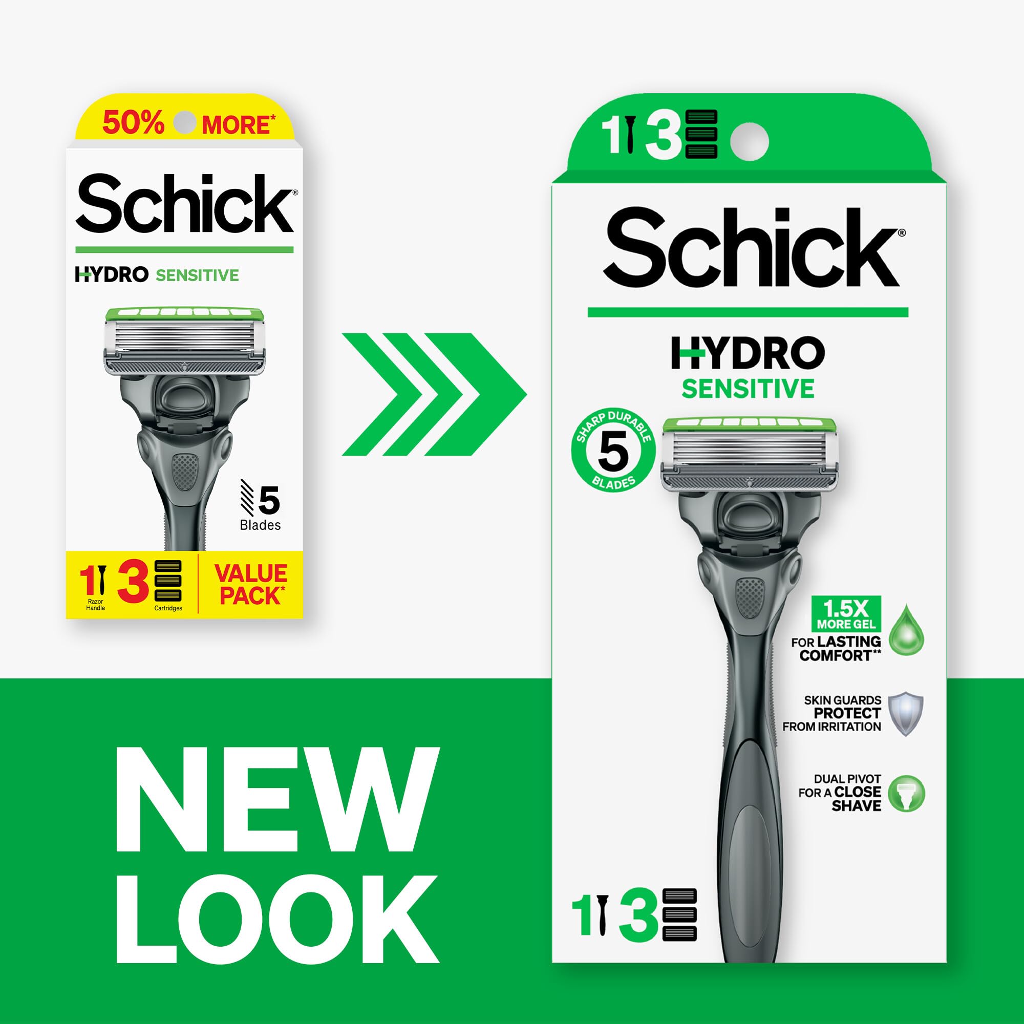 Schick Hydro Sensitive 5-Blade Razors for Men, 1 Handle & 3 Refills | 5-blade mens razors for shaving, 7 hydrating gel pools, Protective guards for sensitive skin, Flip-back precision edging tool