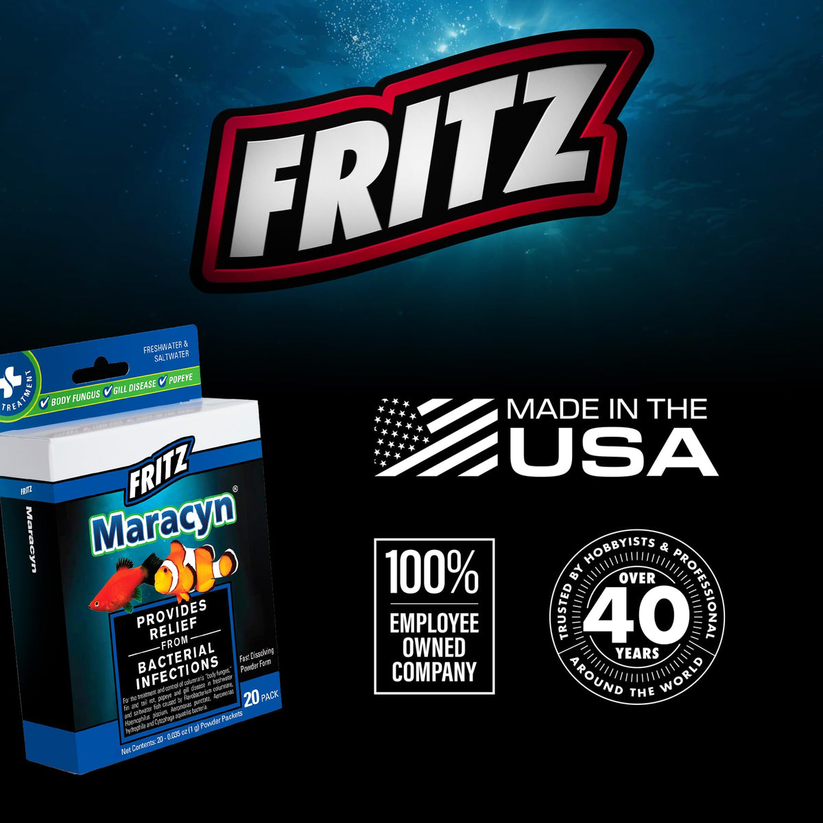 Fritz Maracyn - for Saltwater and Freshwater gram-Positive Relief from Bacterial gil, Popeye, More - Easy dose Packets, 20 Count
