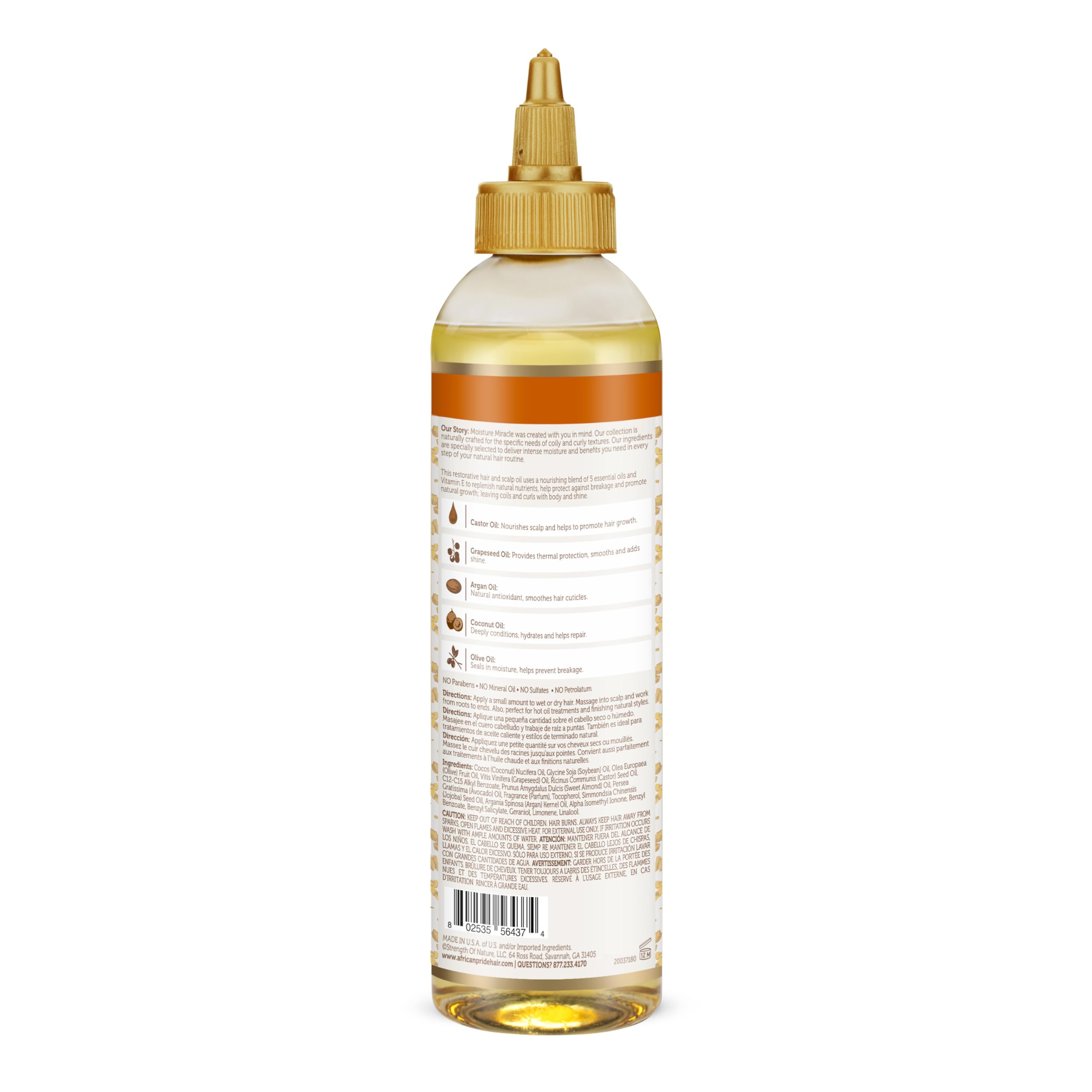 African Pride Moisture Miracle 5 Essential Hair Oils, 8 Oz | Argan, castor, grapeseed, coconut & olive oils with vitamin E for shine, strength and moisture
