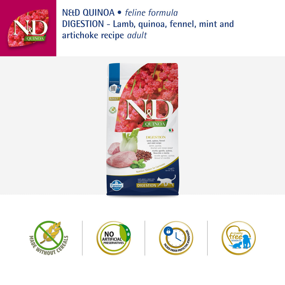 Farmina N&D, Quinoa Digestion Lamb Quinoa Fennel and Mint Recipe Dry Cat Food, 3.3lb