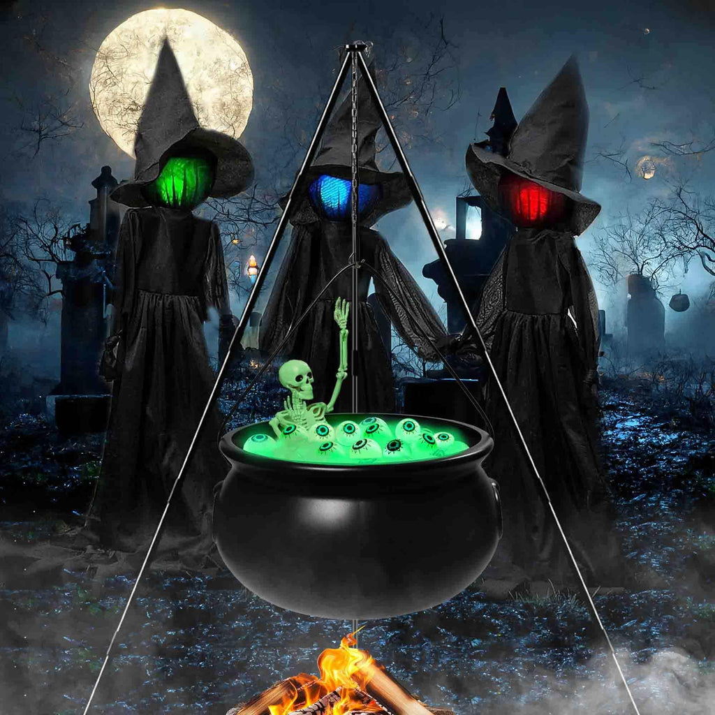 Halloween Outdoor Decorations, Witches Cauldron for Yard Decorations, Witch Decor Indoor, Halloween Witch Cauldron with Tripod with Eyeballs String Lights and Skeleton for Home & Porch Decor