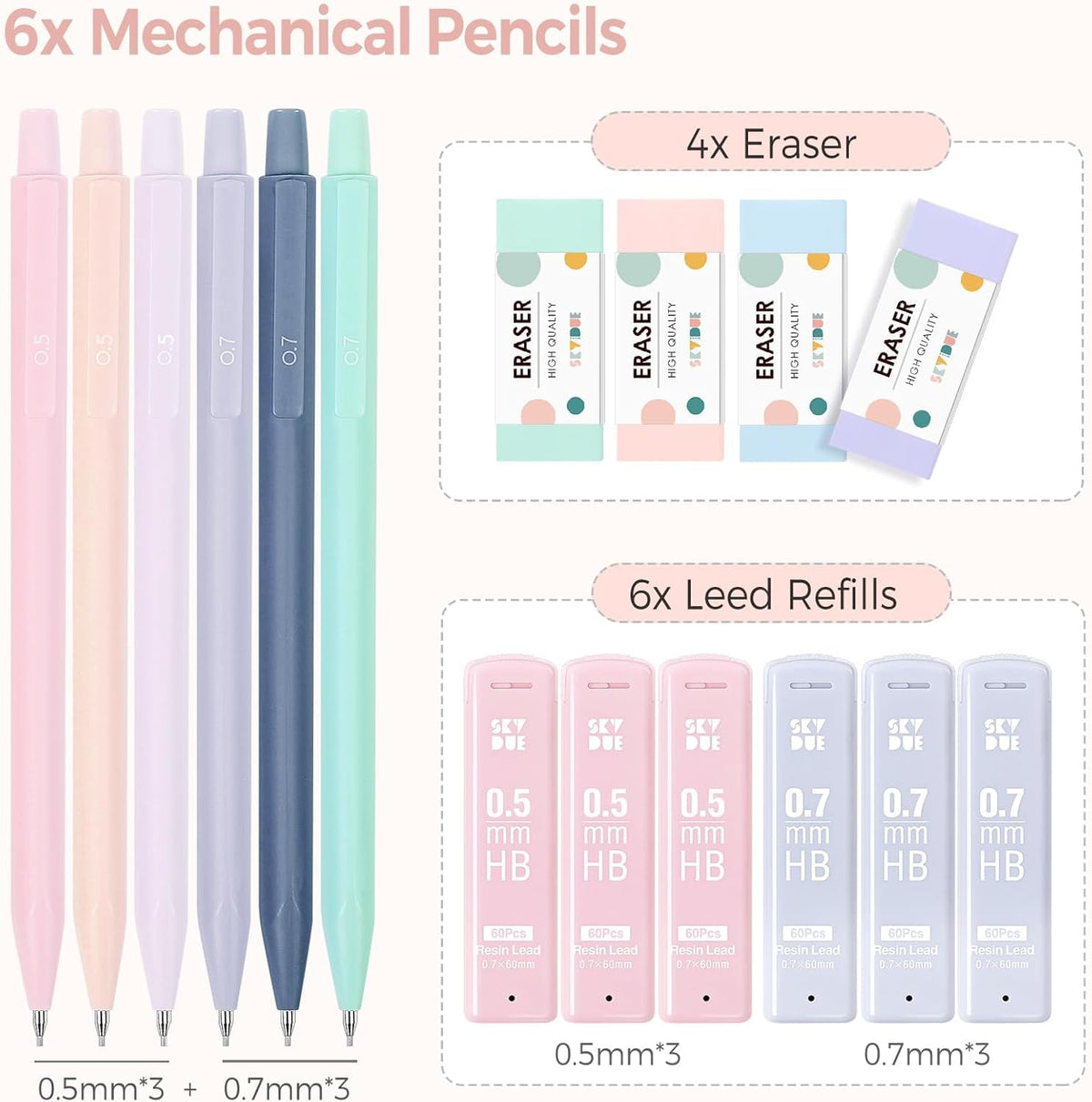 SKYDUE Cute Mechanical Pencils Set, 0.5mm & 0.7mm Mechanical Pencils, 360PCS HB Lead Refills, 4PCS Pastel Erasers, Pastel Aesthetic School Supplies for Writing, Drawing and Sketching