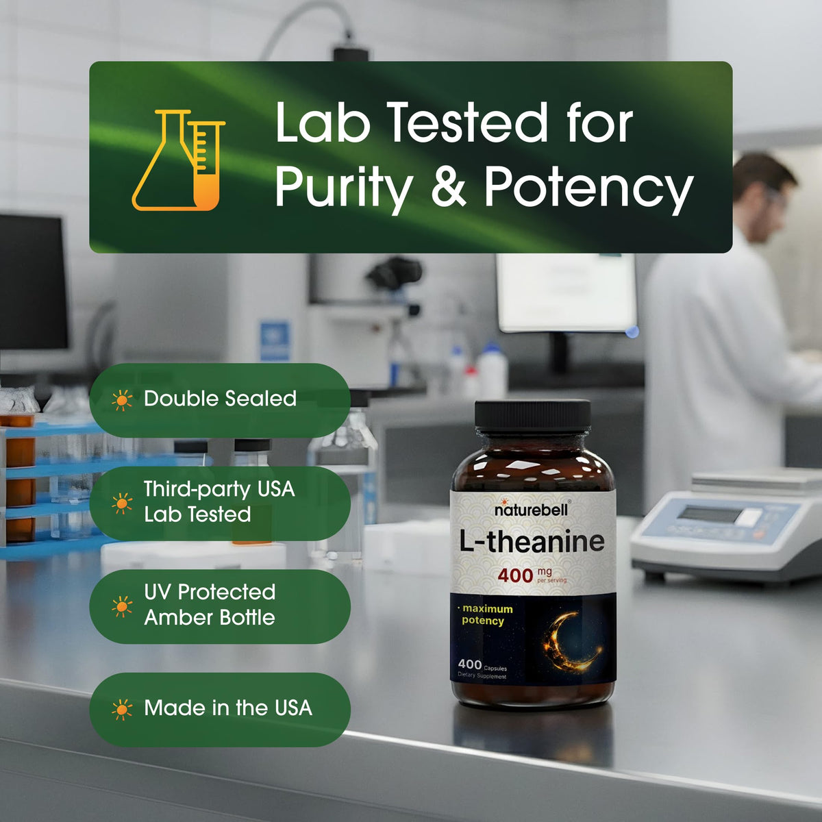 NatureBell L-Theanine Supplement - 400 Capsules - 400mg Max Potency Amino Acid Support - for Relaxation, Calm, and Focus - Non-Drowsy Free-Form Formula*